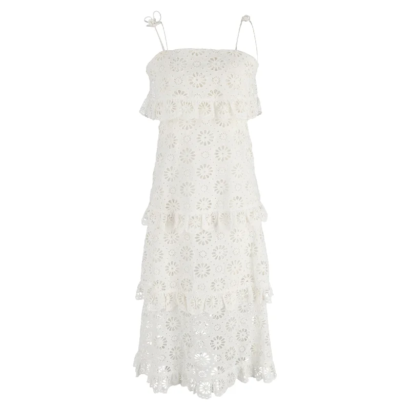 tulle midi dressesZimmermann Lumino Daisy Midi Tier Dress in White Cotton