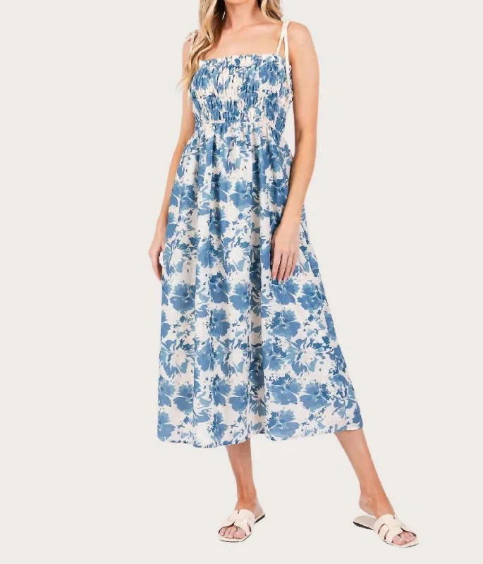 satin midi dressesFloral Print Midi Sundress In Blue