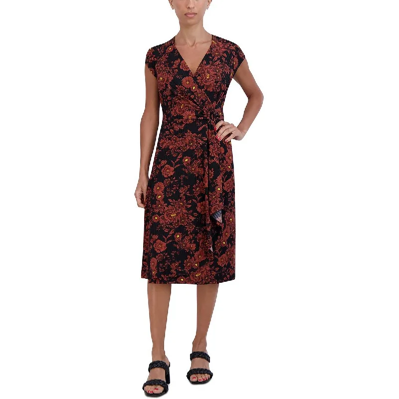 waist-cinching midi dressesPetites Womens Floral Midi Wrap Dress