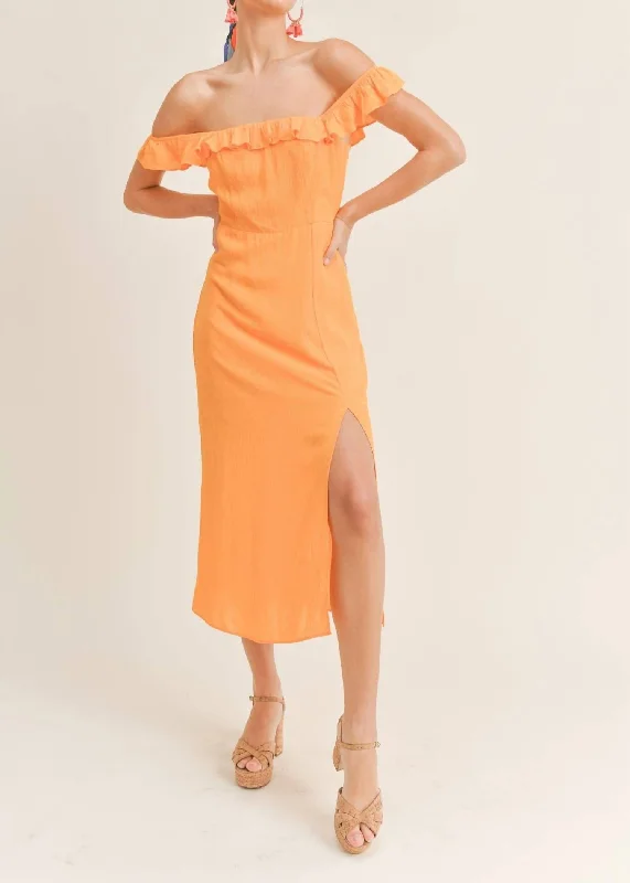 midi dresses for autumnTropicana Off The Shoulder Midi Dress In Orange