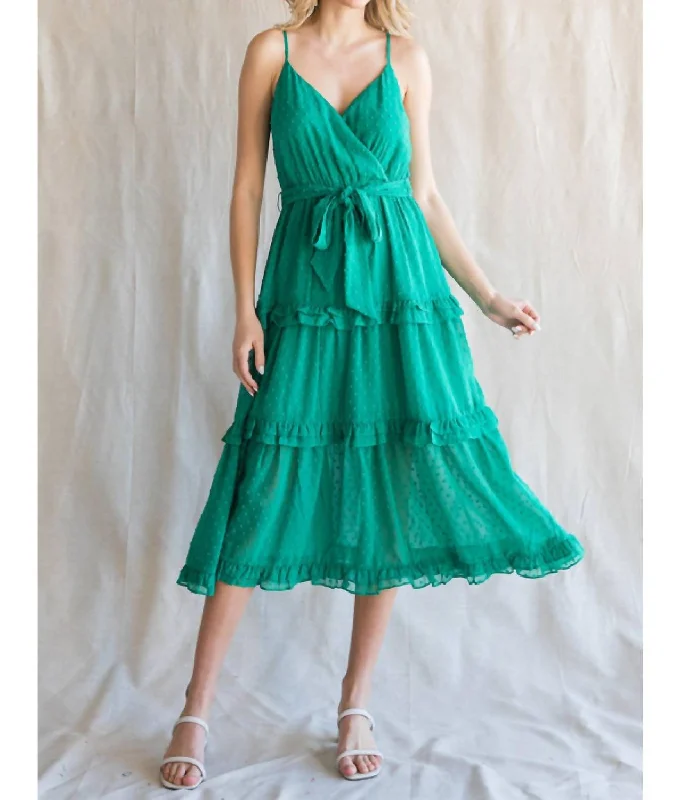 lined midi dressesChiffon Swiss Dot Surplice Midi Dress In Emerald Green