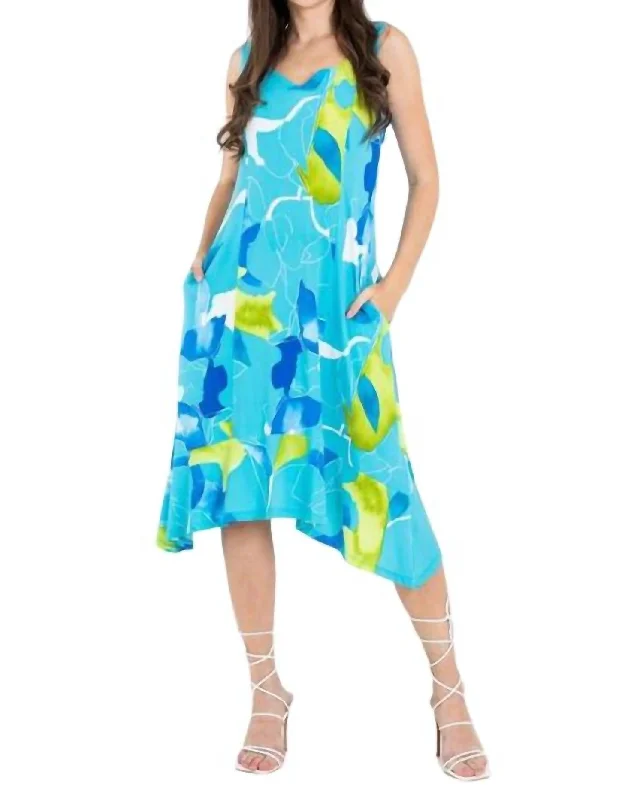 cinched-waist midi dressesHandkerchief Hem Abstract Pattern Midi Dress In Light Blue