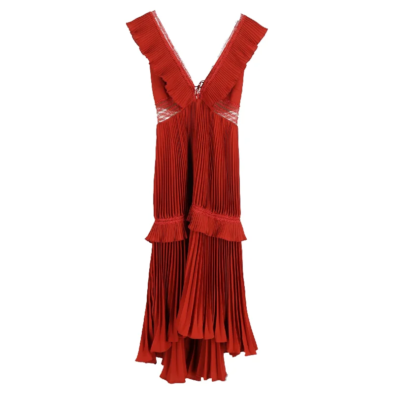 midi pencil dressesSelf-Portrait Pleated Midi V-Neck Frilled Dress in Red Polyester