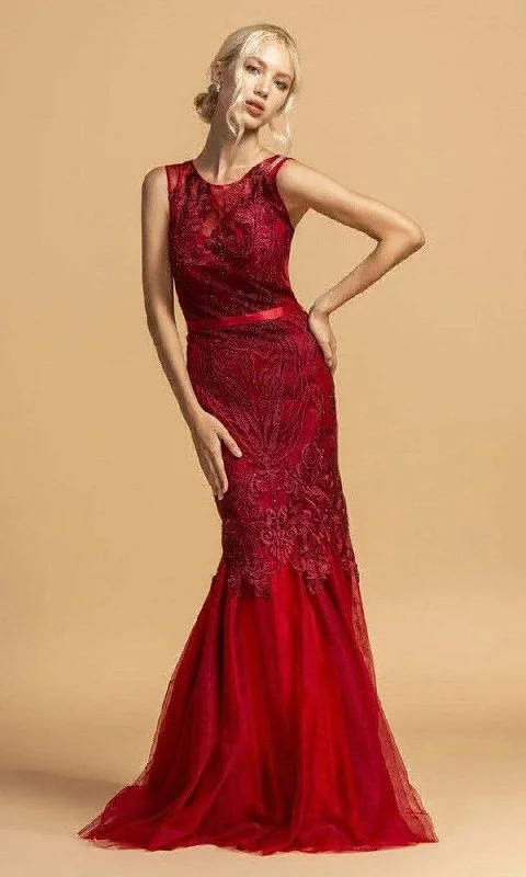 lace party dressesTrevi Collection - L2099 Illusion Jewel Trumpet Evening Dress