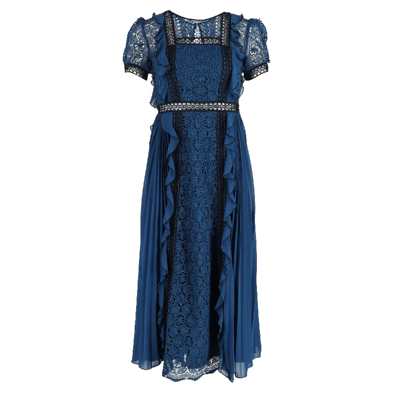 tween midi dressesSelf-Portrait Ruffled Guipure Lace And Pleated Crepe Midi Dress In Blue Polyester