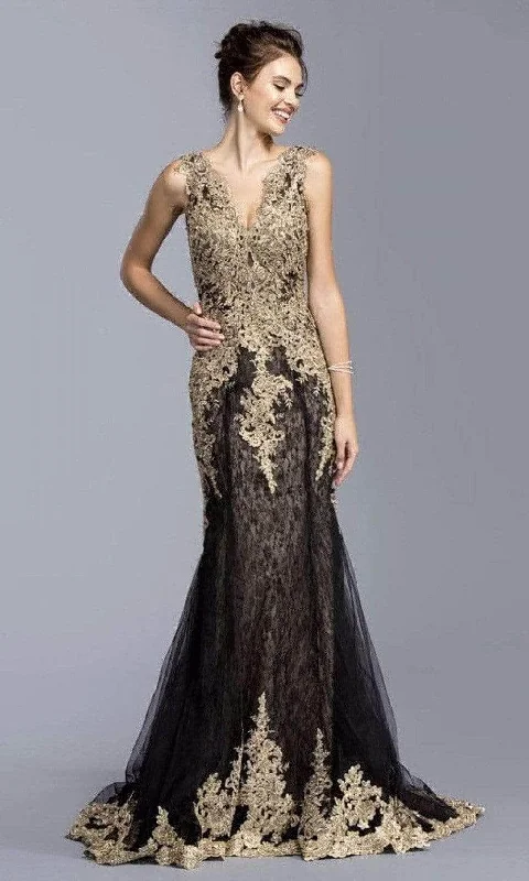 one-shoulder party dressesTrevi Collection - L2009 Applique V-Neck Evening Dress