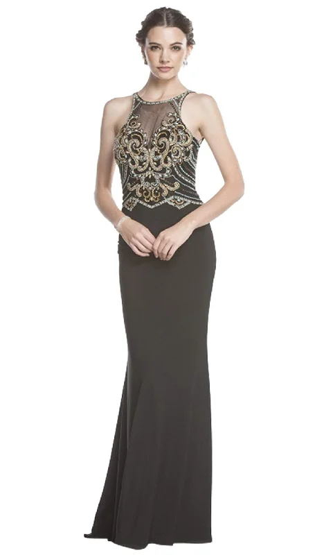 handmade party dressesTrevi Collection - Bedazzled Illusion Halter Fitted Evening Dress