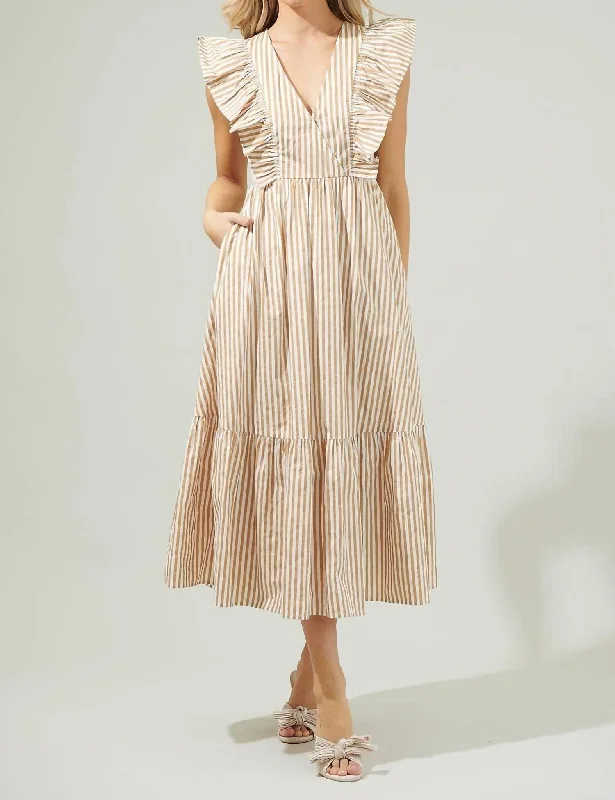 quick-dry midi dressesLuna Striped Fairness Poplin Surplice Midi Dress In Taupe Multi