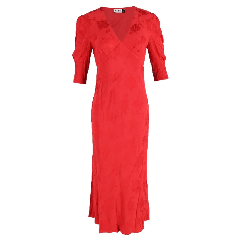 midi dresses with keyhole backsRixo Zadie Floral Jacquard Midi Dress in Red Polyester