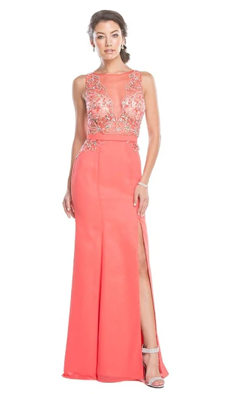 empire waist party dressesTrevi Collection - Sheer Embellished Trumpet Evening Dress