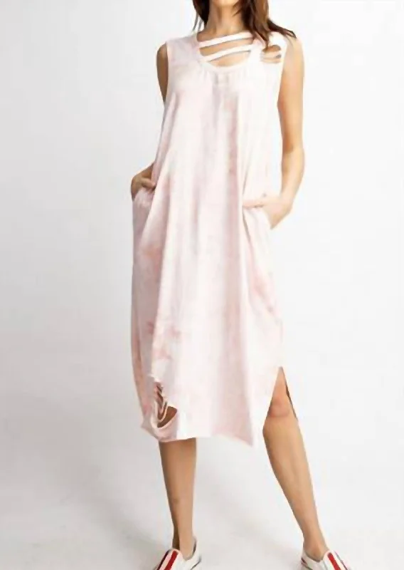 midi dresses for summerDistressed Tiedye Midi Dress In Faded Coral