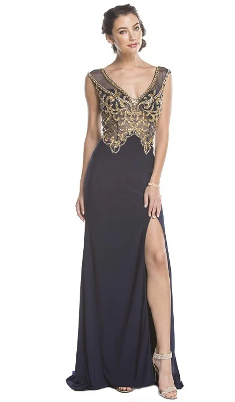 birthday party dressesTrevi Collection - Gold Embellished Evening Dress with Slit