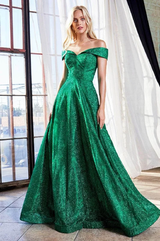 long party dressesCinderella Divine - Off-Shoulder Sparkly Glitter Evening Gown CB050SC - 1 pc Emerald In Size 6 Available