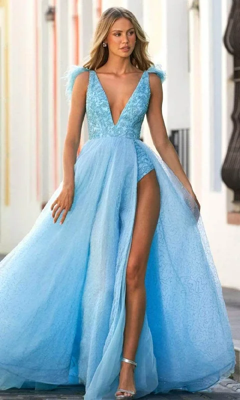 casual party dressesSherri Hill 54791 - Feathered Strap V-Neck Evening Gown