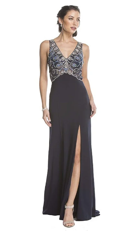 chic party dressesTrevi Collection - Beaded V-Neck Evening Gown with Slit