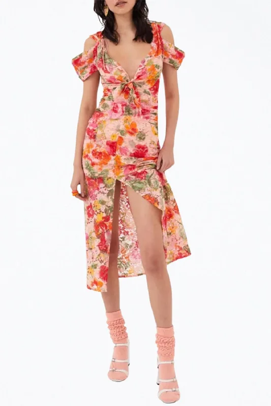 comfortable midi dressesBeth Floral Corded Lace Midi Dress In Pink