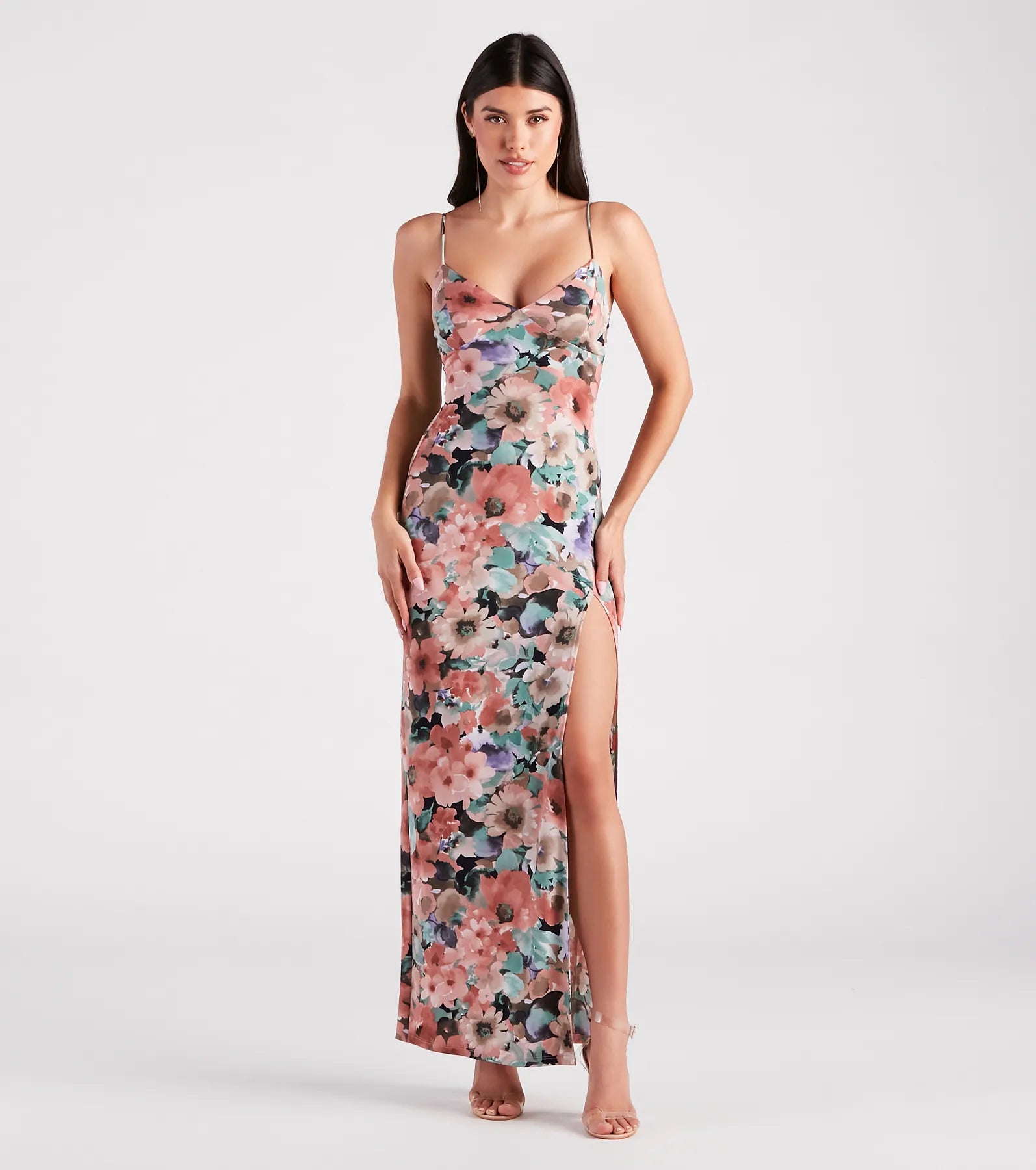 maxi dresses with high necklinesPaint Me In Floral V-Neck Maxi Dress