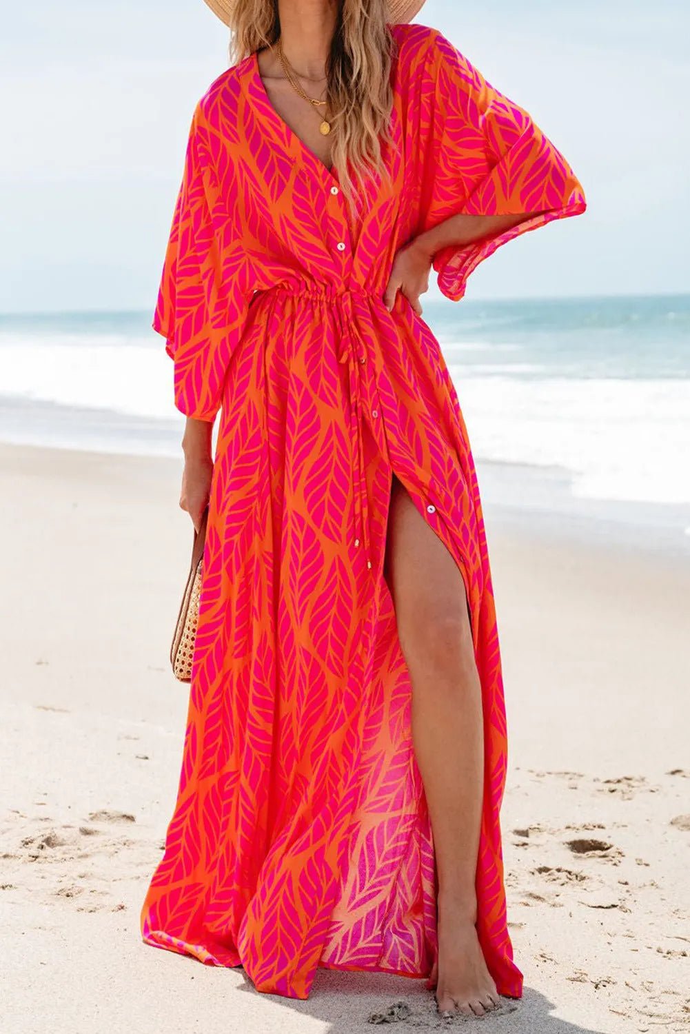 maxi dresses for officeDrawstring Printed V-Neck Maxi Dress