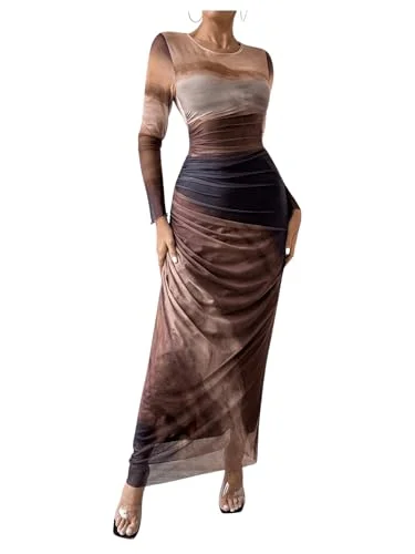 maxi dresses for formal eventsBEAUDRM Women's Tie Dye Ruched Long Sleeve Dress Mesh Slim Fit Bodycon Maxi Dresses Coffee Brown Small