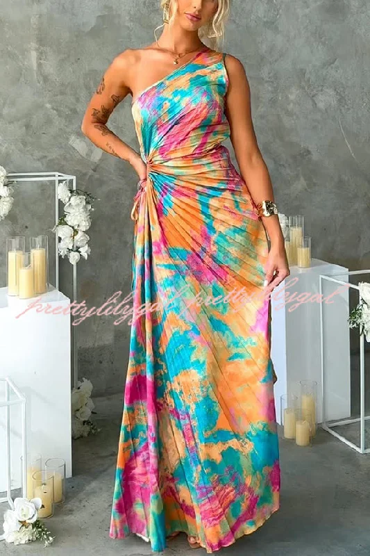 maxi dresses for springTejano Satin One Shoulder Adjustable Tie Pleated Maxi Dress