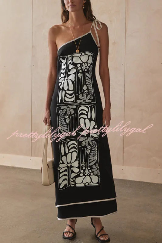 maxi dresses with removable beltsSuki One Shoulder Lace-up Unique Print Double Layered Hem Maxi Dress