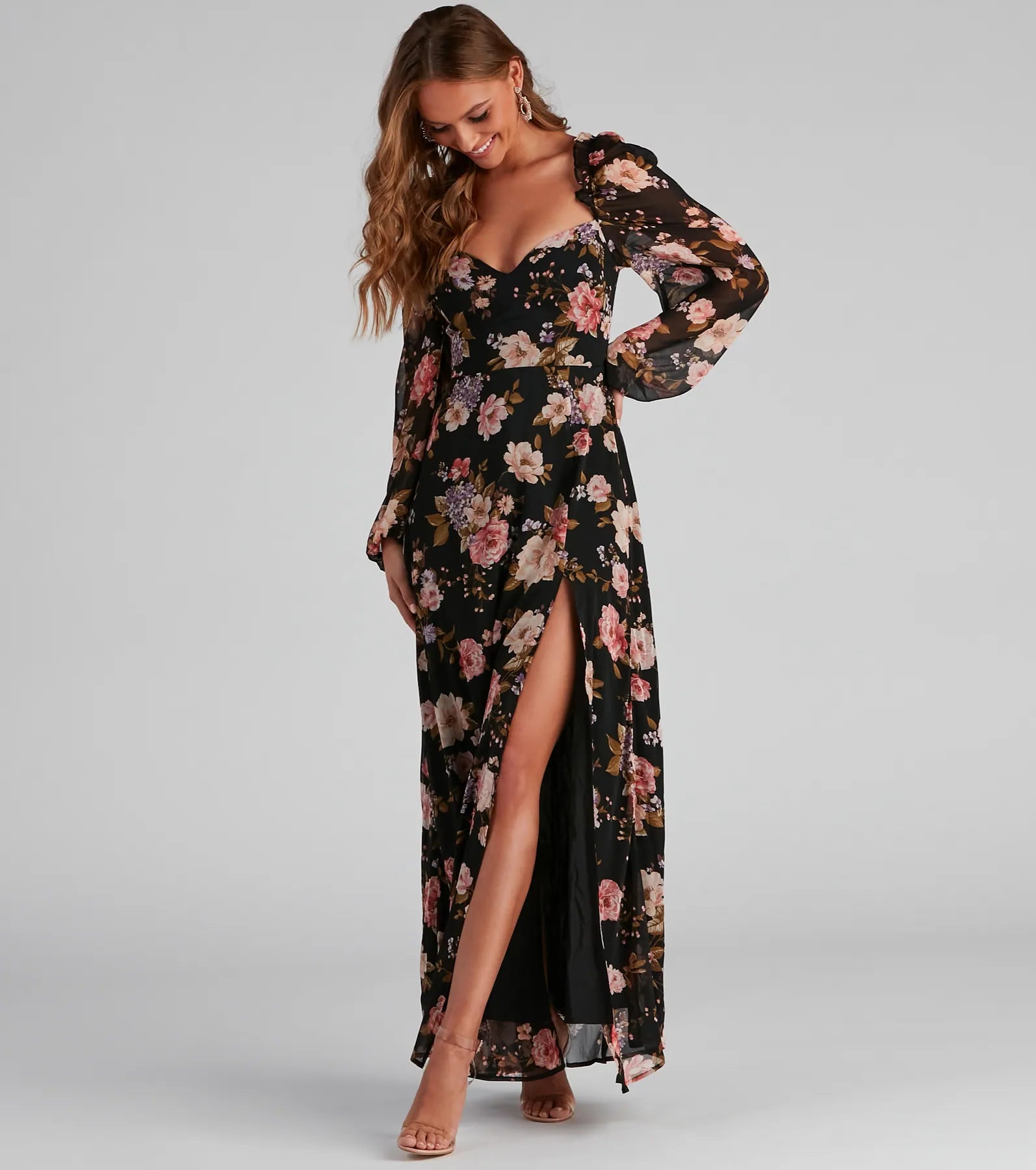 satin maxi dressesSwept Away Floral Chiffon Maxi Dress