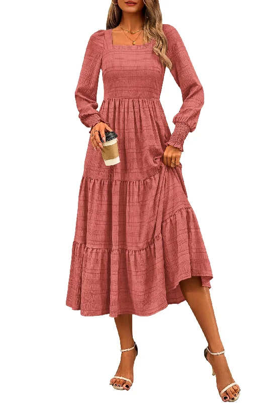 maxi dresses with buttonsCFLONGE Women's Fall Dresses 2024 Puff Long Sleeve Square Neck Dress High Waist Smocked A-Line Flowy Wedding Party Maxi Dress(Bean Paste Pink,Small)