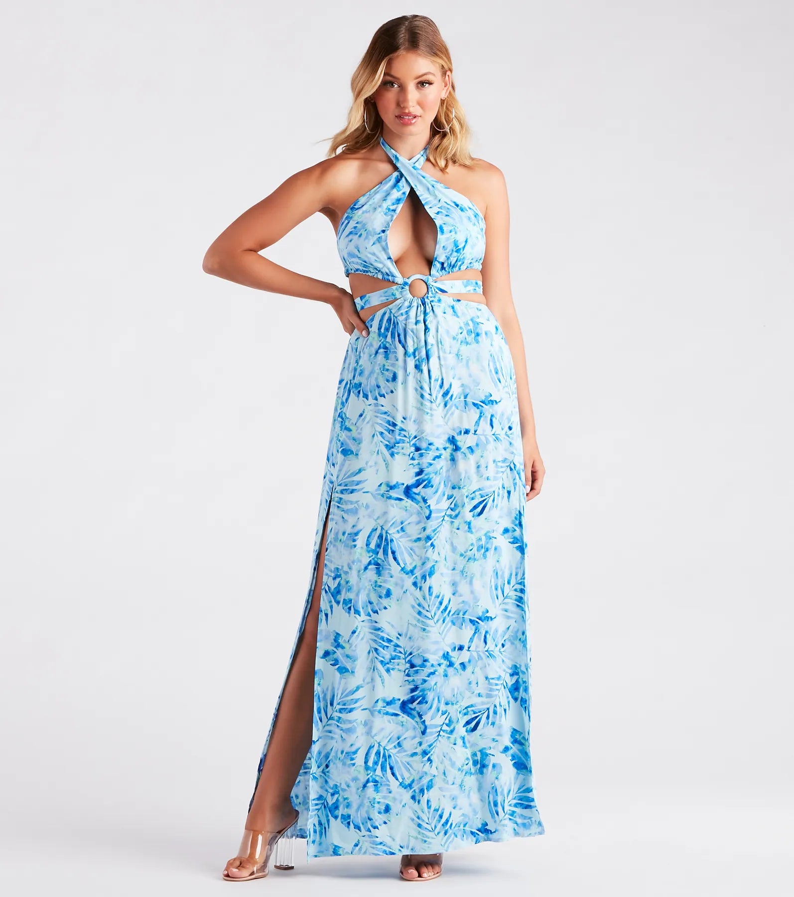 maxi dresses with high necklinesMiami Mood Tropical Print Cutout Maxi Dress