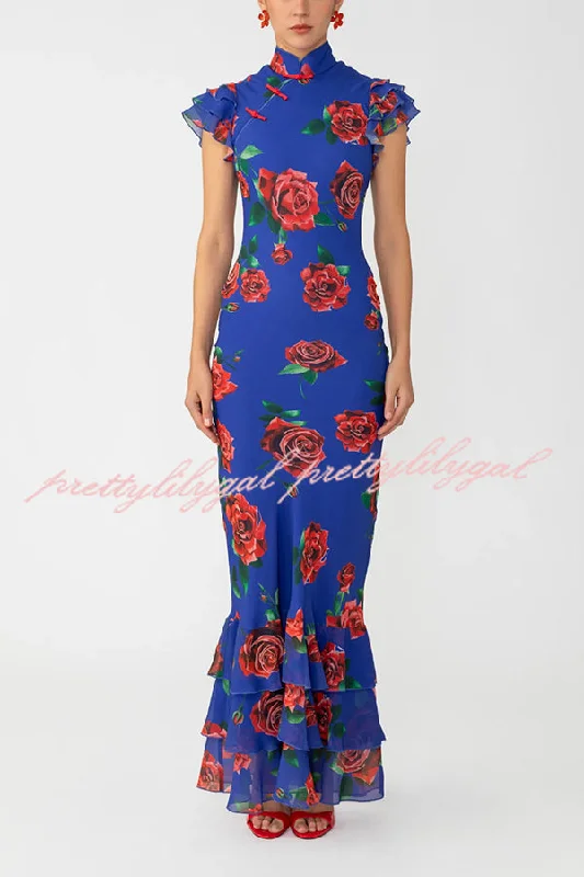 maxi dresses with sweetheart necksCheongsam Style Rose Print Layered Trumpet Sleeves Stand Collar Maxi Dress