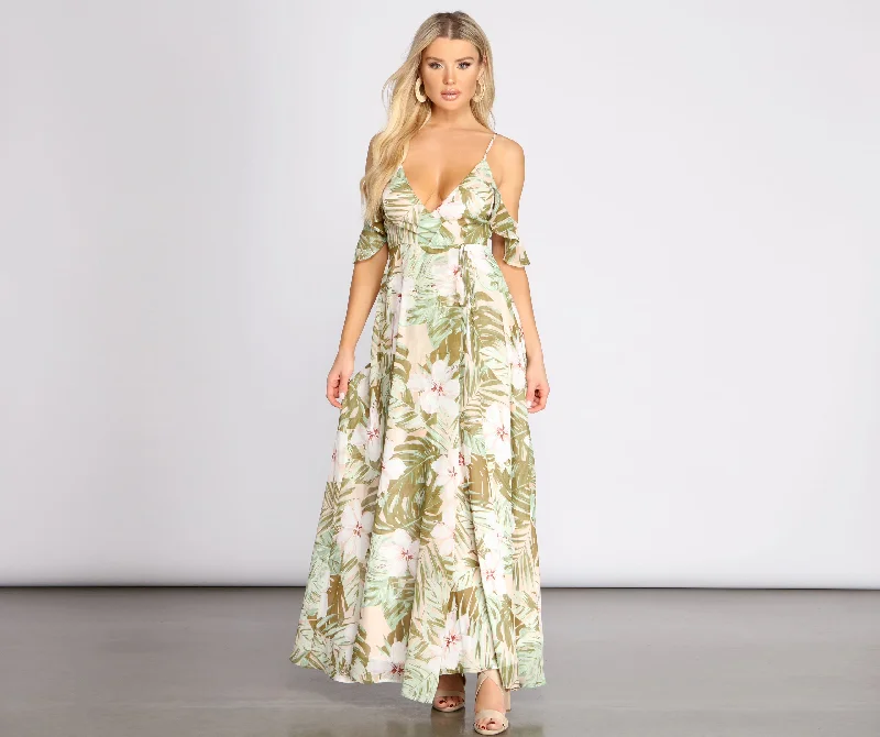 maxi dresses with front pocketsChiffon Tropical Floral Maxi Dress