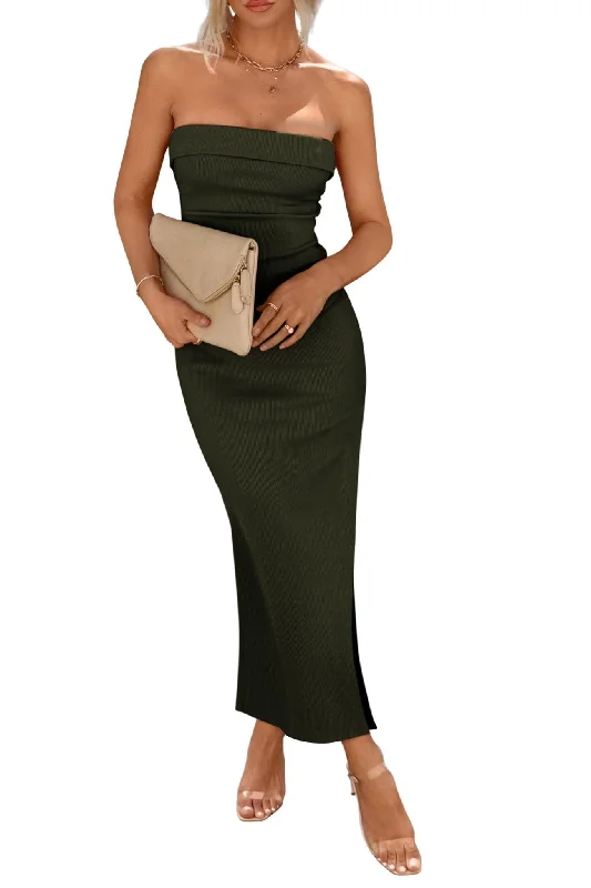 maxi dresses with spaghetti strapsPRETTYGARDEN Women's Summer Bodycon Maxi Tube Dress Ribbed Strapless Side Slit Long Going Out Casual Elegant Party Dresses (Army Green,Small)