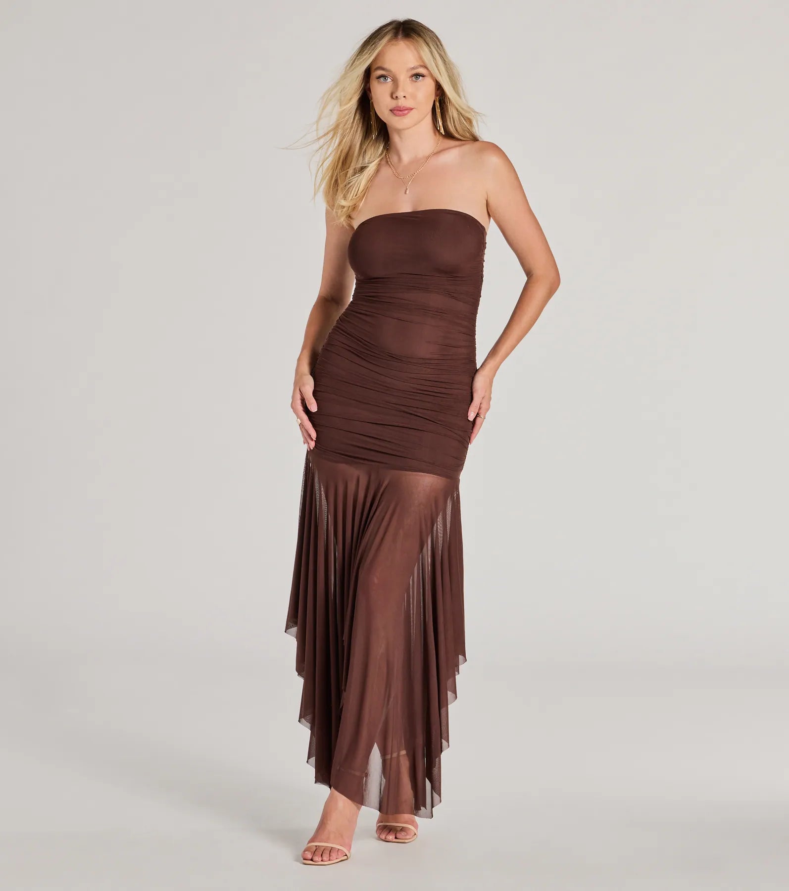 maxi dresses with thigh-high slitsSheer Perfection Ruched Maxi Mesh Tube Dress