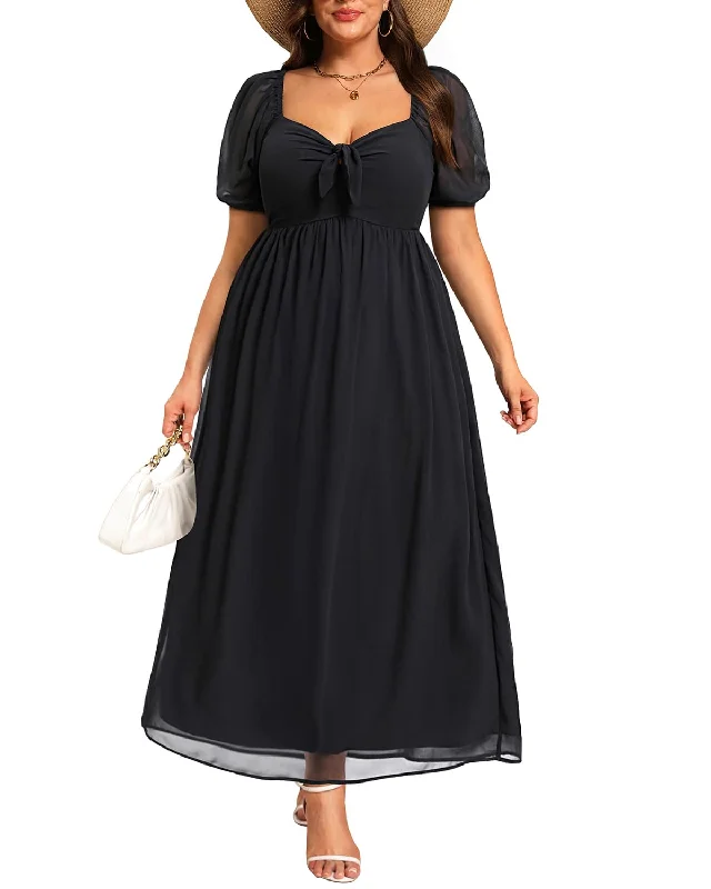 maxi dresses for petite womenPinup Fashion Plus Size Wedding Guest Dresses Women Summer Black Graduation Party Cocktail Flowy Chiffon Smocked Maxi Dresses 2025