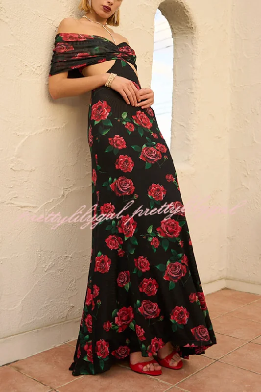 maxi dresses with off-the-shoulder necksRose Print Sexy Strapless Backless Slim Maxi Dress