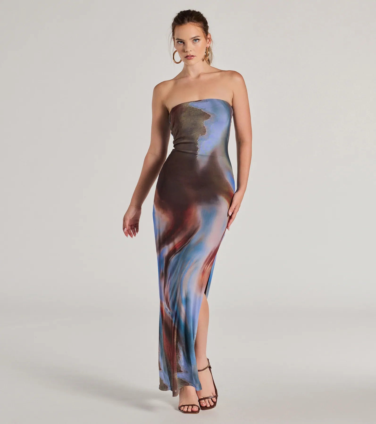 maxi dresses with spaghetti strapsChic Showstopper Abstract Print Mesh Maxi Dress