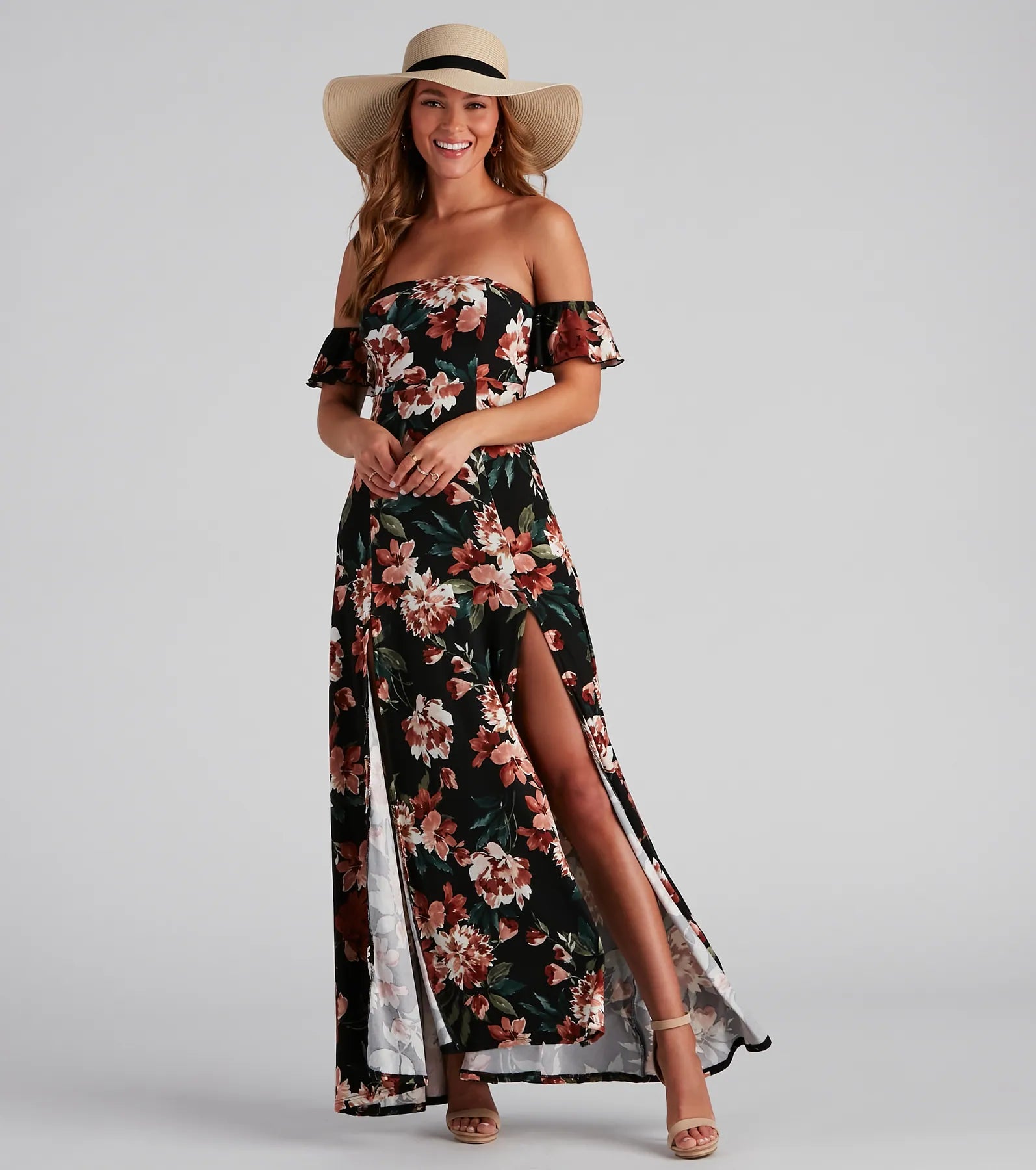 maxi dresses with low necklinesVineyard Floral Slit Maxi Dress