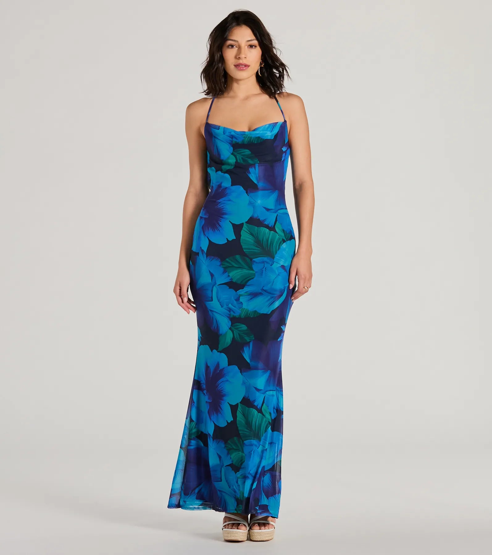 maxi dresses with sequined detailsOcean Breeze Cowl Neck Low Back Tropical Maxi Dress