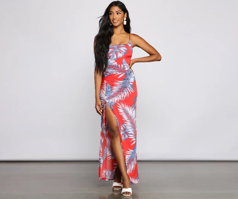 satin maxi dressesPretty Palm Ruched Maxi Dress