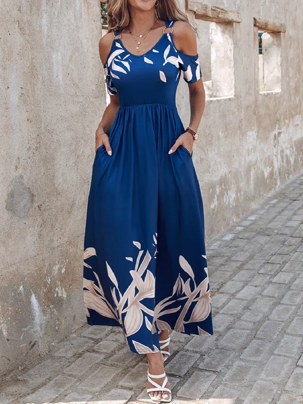 solid color maxi dressesPrinted Cold Shoulder Short Sleeve Maxi Dress