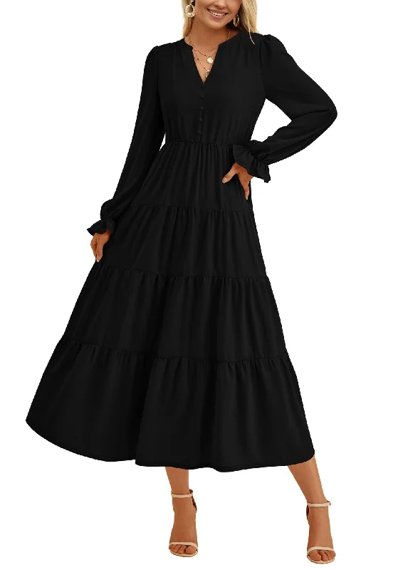 maxi dresses with beltsPRETTYGARDEN Women's Fall Maxi Dress Long Sleeve V Neck Tiered Ruffle Flowy A Line Cocktail Party Dresses (Black,X-Large)