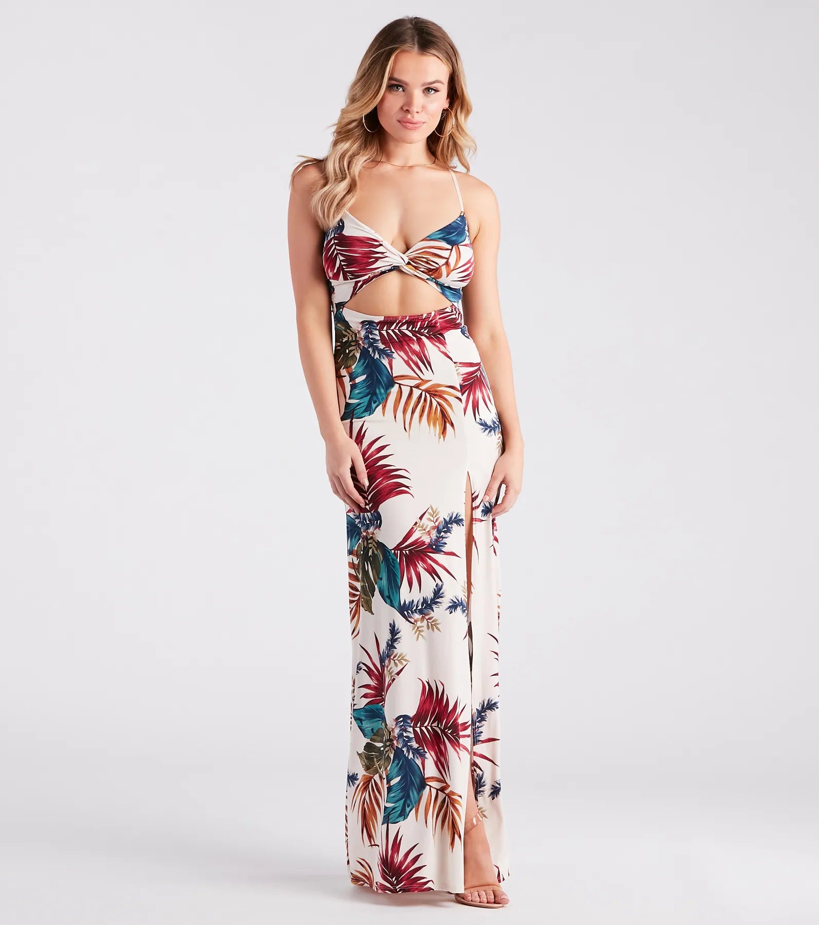 maxi dresses for teensVacation Awaits Tropical Print Cutout Maxi Dress