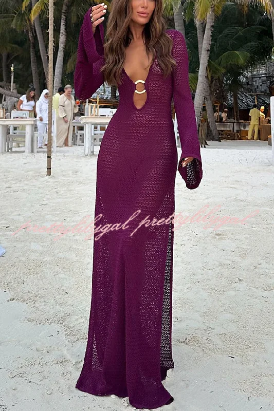 maxi dresses with A-line silhouettesSeaside Goddess Crochet Knit Hollow Out Golden Ring Long Sleeve Cover-up Maxi Dress