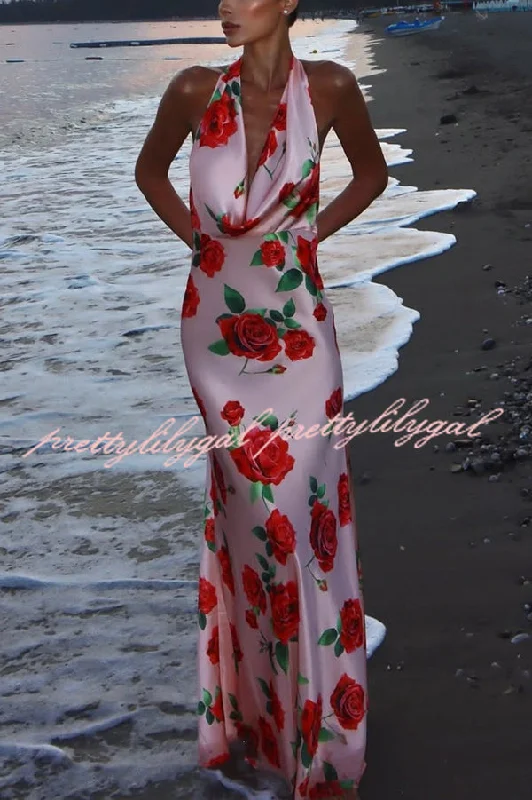 maxi dresses with halter necksRose Print Sexy Halter Neck Strappy Backless Slim Fit Maxi Dress