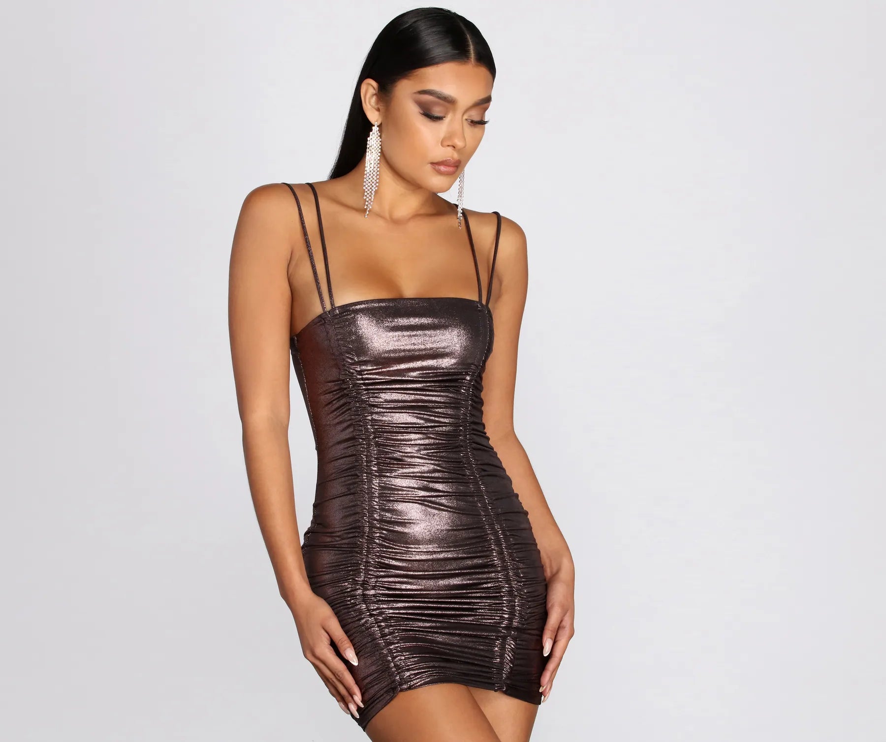 women's Mimi dresses with adjustable strapsMetallic Magic Ruched Mini Dress