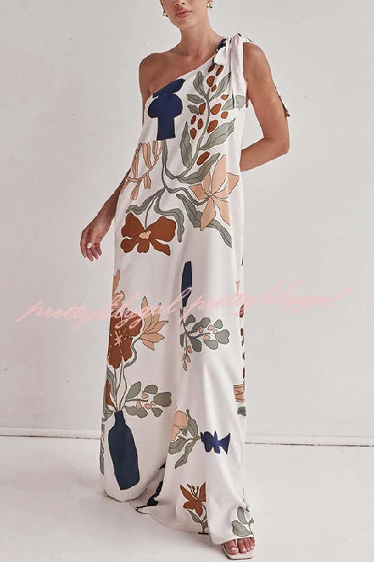 maxi dresses with lace-up detailsMatches The Vacation Unique Print One Shoulder Tie-up Pocketed Loose Maxi Dress