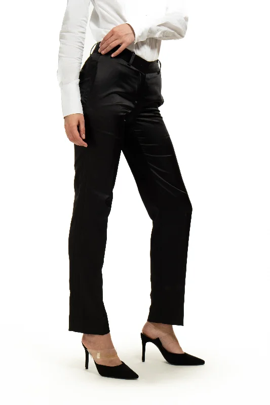 women's bridal pantsBlack Satin Slim Fit Tuxedo Pants w/ Satin Back Pocket