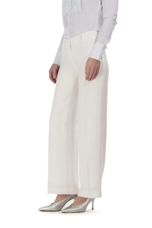 women's designer pantsPearl White Straight Wide Fit Tuxedo Pants w/ Satin Back Pocket