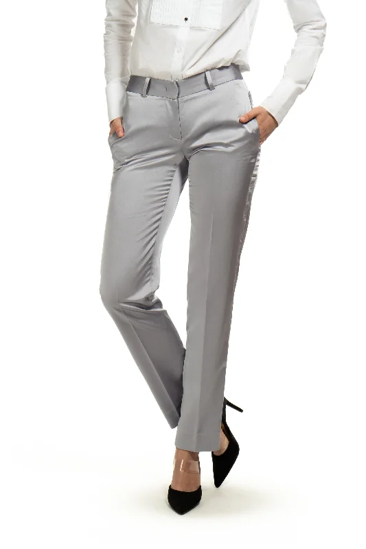 women's sophisticated pantsSilver Gray Satin Slim Fit Tuxedo Pants w/ Satin Back Pocket