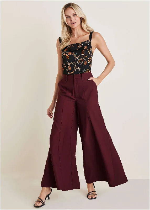 women's checkered pantsDramatic Flare Pants - Wine