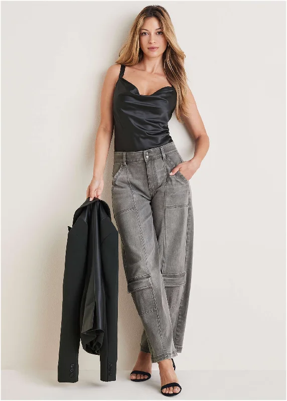 women's elegant pantsCargo Wide Leg Jeans - Grey Wash